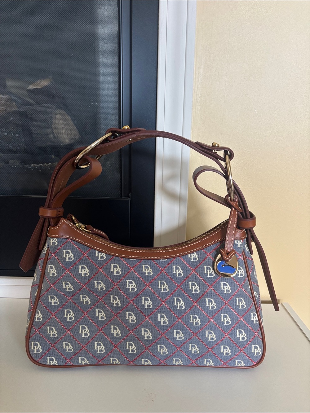 Dooney & Bourke Blue-Gray Monogram Shoulder Bag with Brown Leather Trim